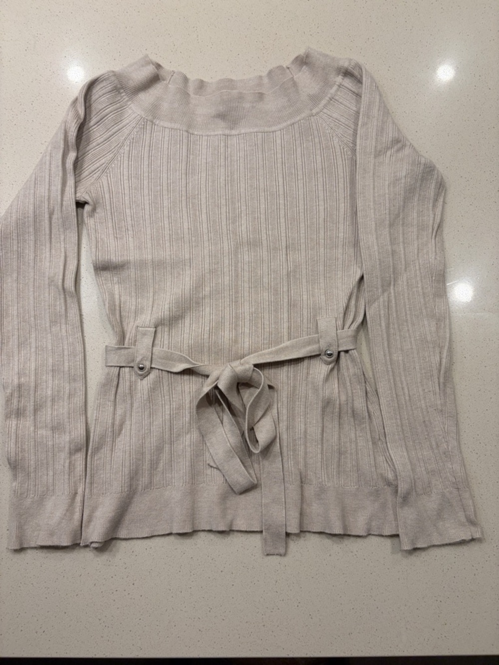 White House Black Market Ribbed Tie-Waist Sweater Top in Light Beige